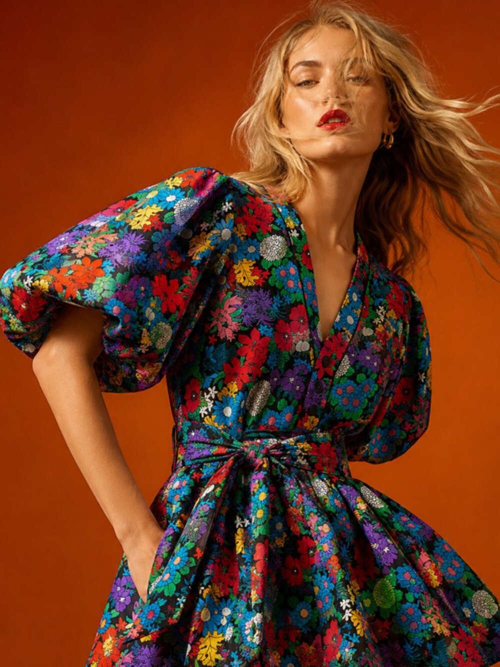 Floral Folk Cotton Balloon Sleeve Mini Tunic Dress Y2K Dopamine style